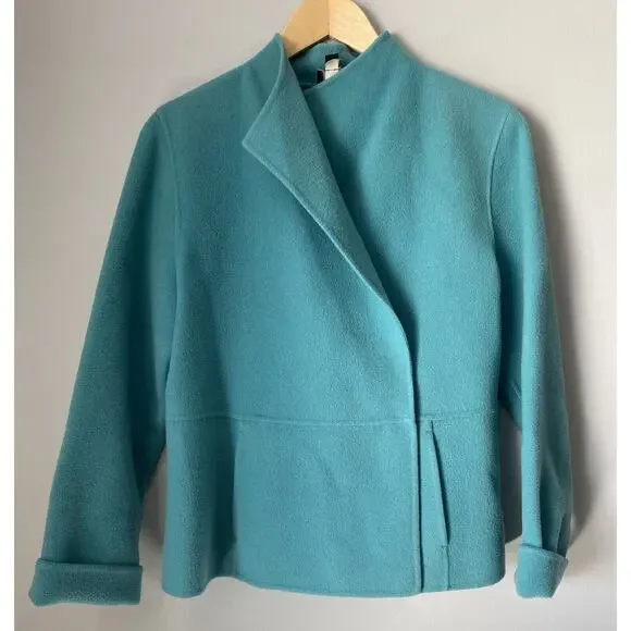 Eileen Fisher Double Breasted Wool Cashmere Blend Blazer Size M Green * Flaw* - Picture 1 of 11